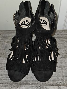 Fergalicious Black Suede Fringe Heeled Sandals